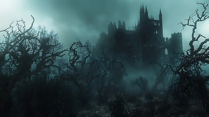 A dark, eerie castle shrouded in mist, surrounded by dense, twisted trees.