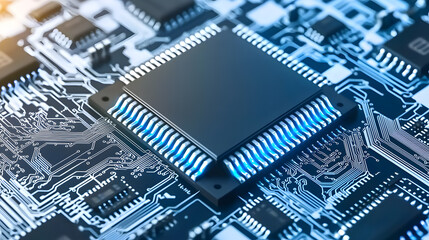 Close-up of a microchip with glowing connections