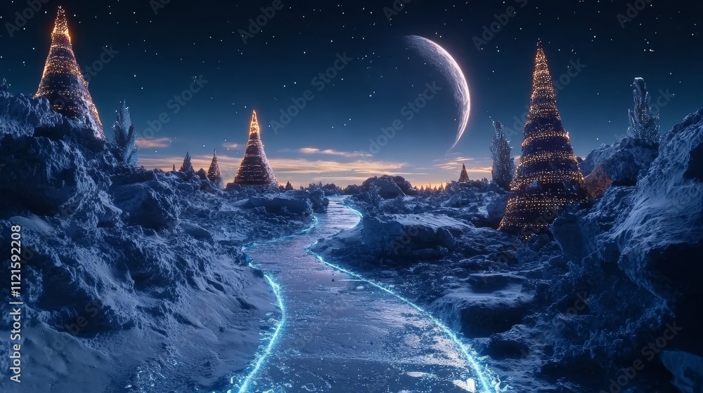 Poster a serene winter landscape with glowing trees and a winding path under a starry sky.