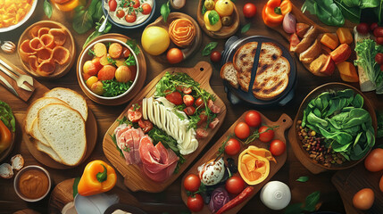 A vibrant table bursting with various dishes of various foods, Numerous delicious snacks are surrounding on the table, Warm festive table setting with variety of dishes and foods.