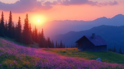 Awe-inspiring Mountain Sunset Over a Meadow of Flowers