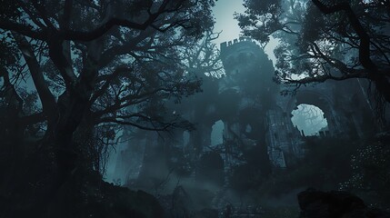 A dark, eerie castle shrouded in mist, surrounded by dense, twisted trees.