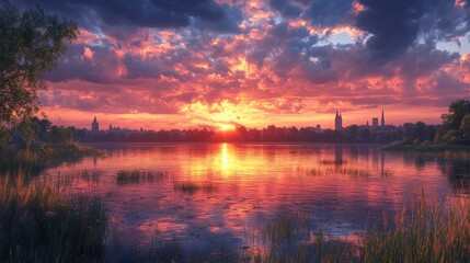 Naklejka premium Stunning Sunset Over a City by the Lake