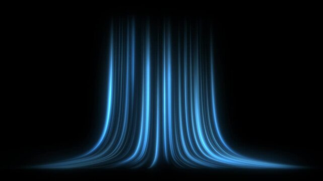 Cold air flow from conditioner effect. air light effect with blue rays. Freezing wind waves air blowing effect. Abstract directional optical fiber neon lines on black Background. Air cooling process