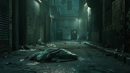 A deserted, dimly lit alleyway with a single, old blanket crumpled on the ground.