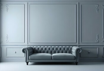 A gray tufted velvet sofa against a gray paneled wall