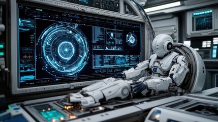 Fototapeta premium Futuristic Robot Monitoring Systems in Spacecraft