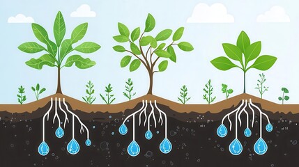 Artistic diagram showing the cycle of transpiration with water traveling from roots to leaves and evaporating through stomata