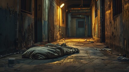 A deserted, dimly lit alleyway with a single, old blanket crumpled on the ground.