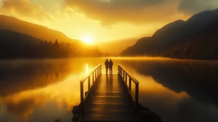 Fototapeta premium A serene 4K image of a couple standing at the end of a bridge, looking at the breathtaking view of a mountain lake.