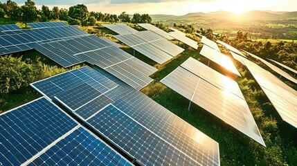 a vast solar farm with rows of gleaming solar panels reflecting sunlight, surrounded by natural landscapes. 