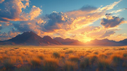 Awe-Inspiring Golden Hour Desert Landscape with Majestic Mountains