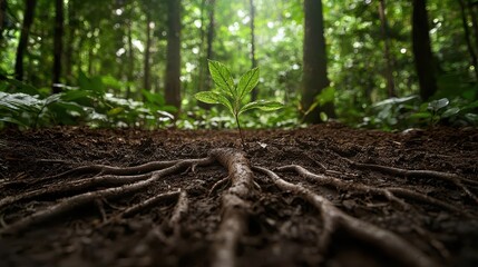 Forest floor showing water absorption through roots, leading to transpiration from canopy leaves