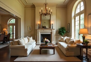 Fototapeta premium A luxurious and elegant living room with high ceilings , large arched windows , and a grand chandelier.