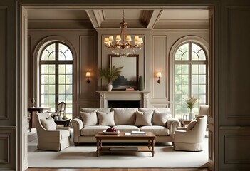 A luxurious and elegant living room with high ceilings , large arched windows , and a grand chandelier.
