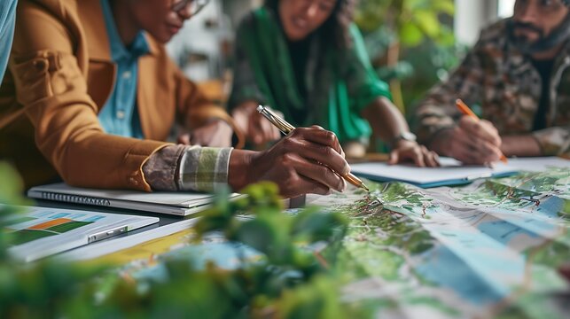 Group of professionals planning over environmental maps with green landscape strategy documents
 - Powered by Adobe