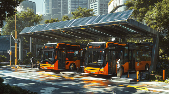 Electric buses charging at a solar-powered station in an urban setting.