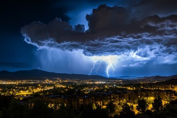 Fototapeta premium Dramatic night sky with lightning illuminating clouds over a vibrant cityscape.