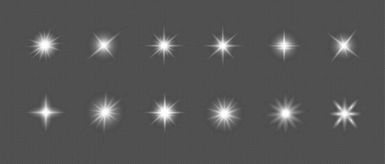 Vector glow sparkle effect: glowing starlight, glitter, explosion, spark—isolated white light effects. Glow light effect. Flashing lights. A glitter magic star sparks on a transparent background.	