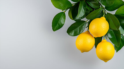 A vibrant image of three ripe lemons hanging from a green branch, set against a soft gray background.