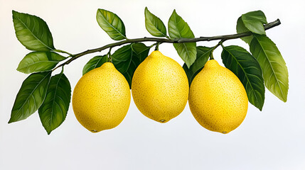 Three ripe lemons on a green branch with leaves against a light background, showcasing their bright yellow color and fresh appearance.
