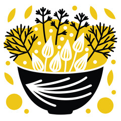 Illustrated fennel seeds in a bowl with vibrant fennel fronds. Perfect vector art for culinary, organic, and botanical designs, emphasizing healthy and natural aesthetics.