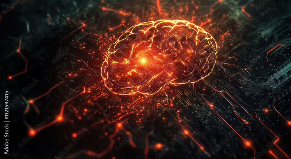 Aufkleber artificial intelligence brain in digital background with circuit board and glowing lights, represent