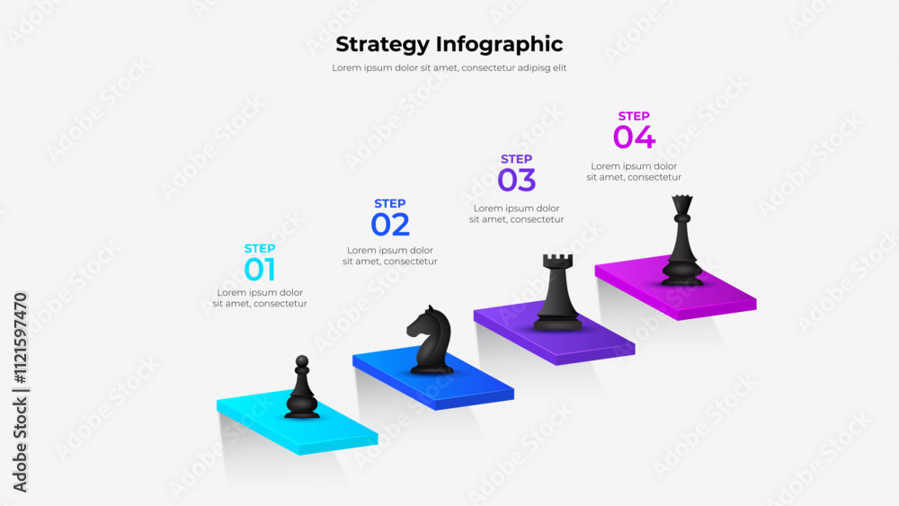 Poster four steps strategy infographic showing chess pieces on colorful steps, representing planning and pr