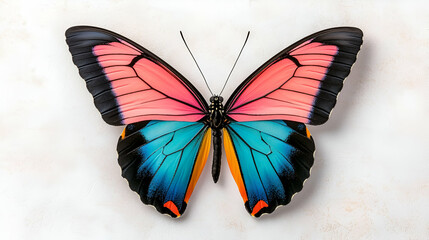 A vibrant butterfly showcasing striking blue, pink, and black wings, perfectly symmetrical against a light background.