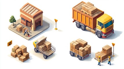 Isometric illustration of warehouse, delivery truck, workers loading and unloading cardboard boxes.