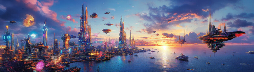 Naklejka premium Futuristic City Skyline at Sunset Over Ocean with Flying Vehicles
