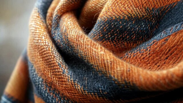 Warm woven scarf with orange and gray patterns draped elegantly for autumn styling