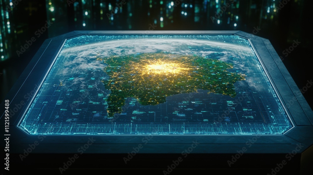 Poster futuristic planning table for global scenario analysis with bright city lights and data visualizatio