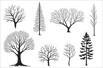 Fototapeta premium Various black tree silhouettes on white background.