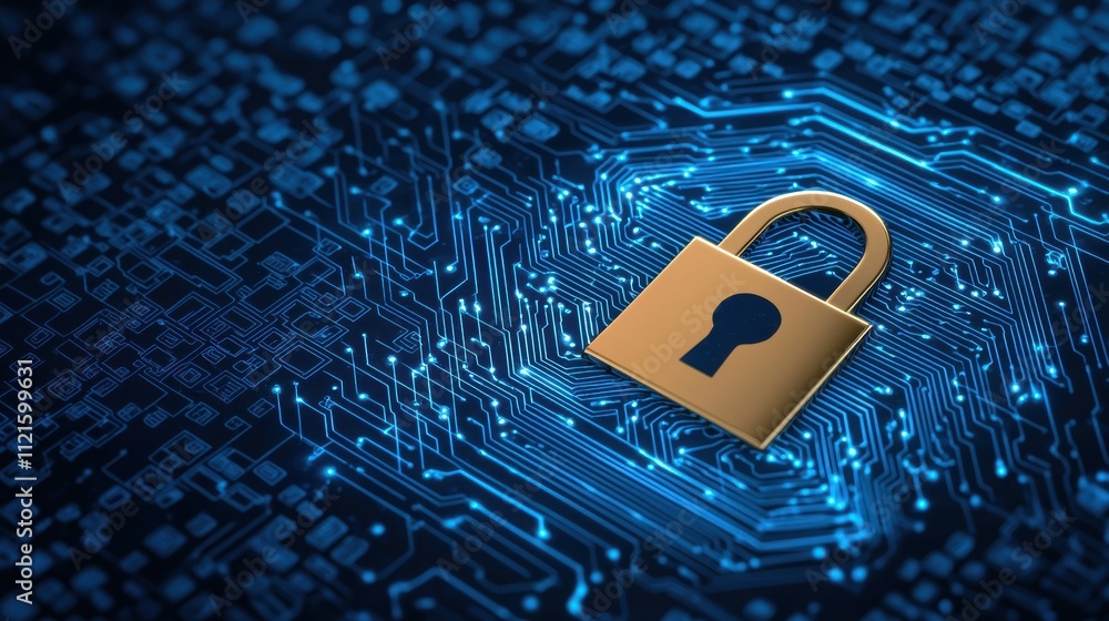 Poster protecting digital infrastructure from cyber threats with locked data security concepts