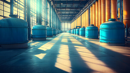 Industrial blue tanks illuminated by sunlight