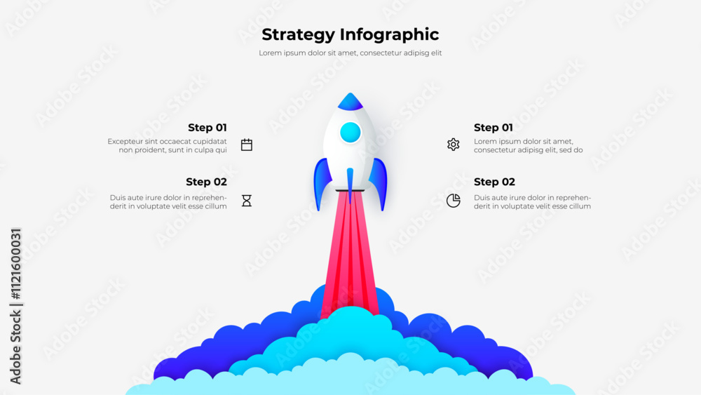 Poster startup business project strategy planning infographic showing rocket launch with steps and timeline