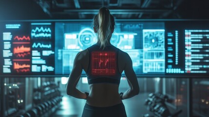 Fitness enthusiast reviewing goal progress on a high-tech digital board surrounded by dynamic tracking charts in a vibrant gym environment