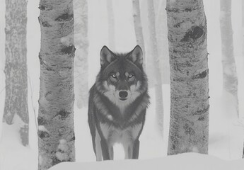Obraz premium In winter, a Grey Wolf (Canis lupus) looks up and to the right while positioned between trees