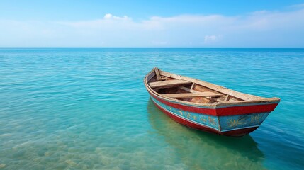 Naklejka premium Wooden boat with hand-painted decorations floating peacefully on crystal-clear turquoise water under a bright blue sky, evoking a serene and traditional vietnamese coastal scene