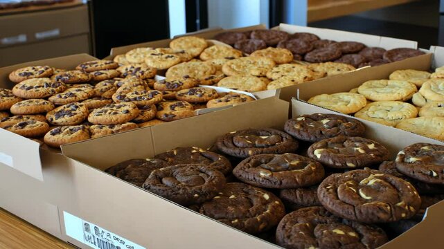 Freshly baked cookies displayed in boxes at a bakery during afternoon hours