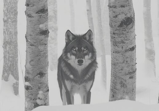 In winter, a Grey Wolf (Canis lupus) looks up and to the right while positioned between trees