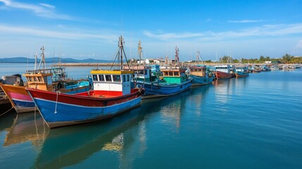 Obraz premium Colorful fishing boats fill a small harbor, their vibrant paint shimmering in the calm water under a clear blue sky