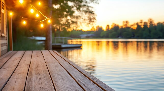 Tranquil lake at sunset: cozy boathouse deck with string lights creates serene atmosphere