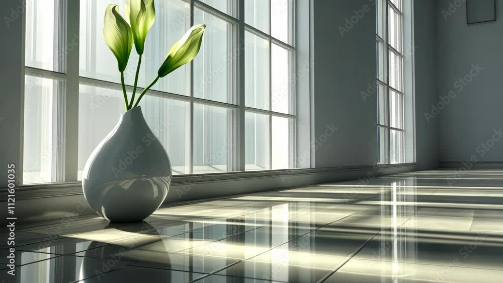 Poster light streams through large windows onto a polished floor with a vase of fresh flowers in a minimali