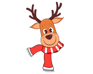 Cute deer reindeer in winter christmas scarf Merry Christmas and happy new year greeting card vector illustration
