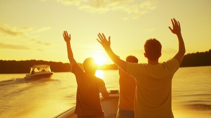 Fototapeta premium Three friends on a boat at sunset, enjoying the lively ambiance and golden light reflecting on the water as another boat cruises in the distance