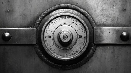 A close-up of a metal combination padlock with a detailed dial mechanism, securing a steel locker, symbolizing robust security and precision engineering