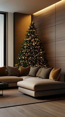 A modern living room with a small, simple Christmas tree