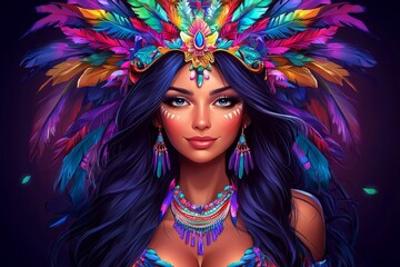 A striking young woman with long, dark hair adorned in vibrant feathers and intricate jewelry, exuding confidence.